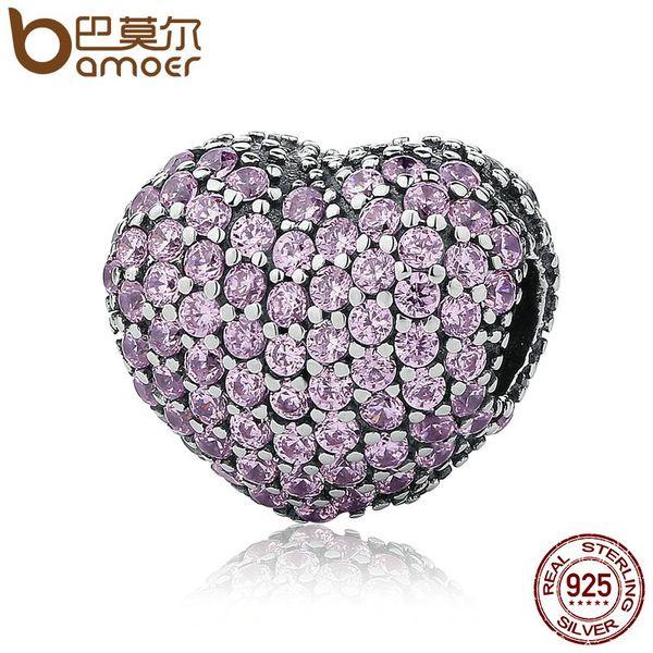 

bamoer стерлингового серебра 925 pave open my heart, розовый прозрачный цирконий cz клип подвески подходят браслет diy изготовления ювелирны, Slivery;golden