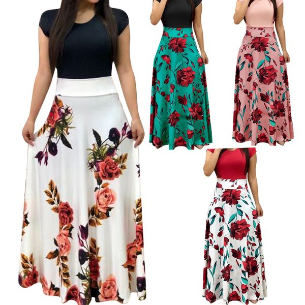 

women dress short sleeves o neck patchwork women dresses floral printed draped vestidos female long maxi dress casual robe, Black;gray