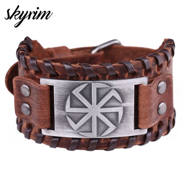 

skyrim slavic amulets kolovrat bracelet for men sun wheel pagan amulet wide leather cuff bracelets adjustable bangle punk style, Black