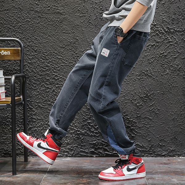 

#2157 autumn japanese streetwear men biker jeans black blue hip hop jeans loose elastic waist denim harem for mens fashion