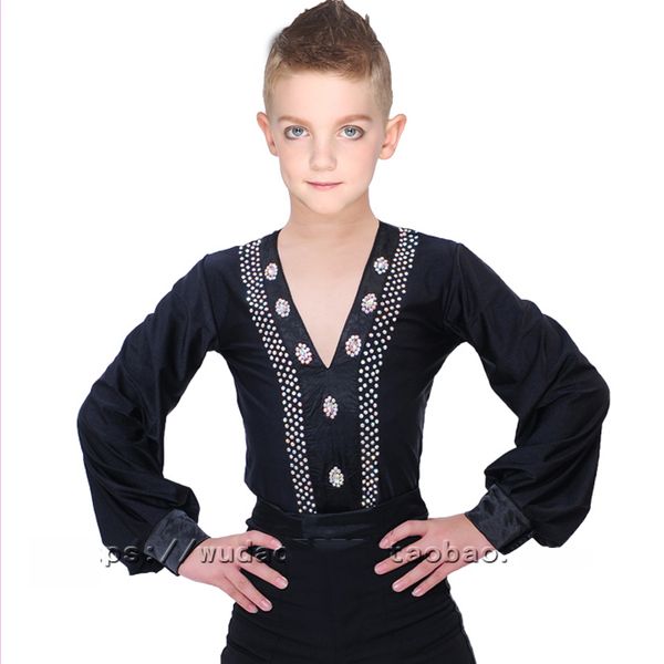 

children boy ballroom latin dance black blue red rhinestone ballroom latino dancing professional shirt for kids dwy1137, Black;red