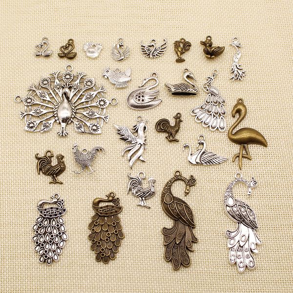 

40 pieces wholesale jewelry lots animal peacock egret chicken duck goose swan hj074, Bronze;silver