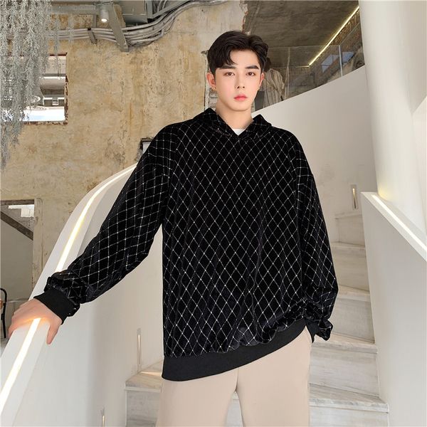 

autumn winter male streetwear hip hop loose casual pullover hoodie outerwear men velvet shining hooded sweatshirt, Black