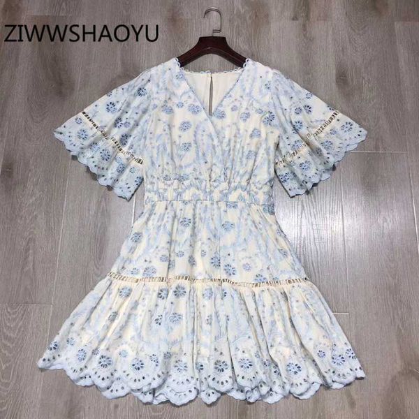 

ziwwshaoyu women summer v-neck vintage holiday mini dresses fashion designer ladies blue hollow out embroidery short dresses, Black;gray