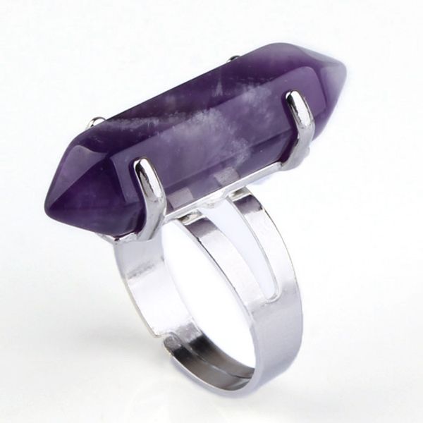 

wholesale 10 pcs silver plated hexagon column lapis lazuli resizable finger ring tiger eye stone charm jewelry