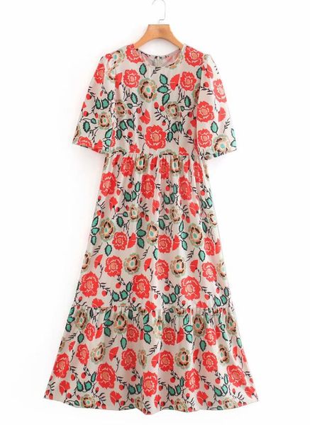 

polyester crew neck floral print a-line one-piece short sleeve dress, Black;gray