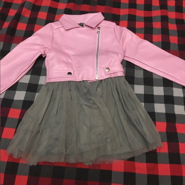 

girls jackets children pu jacket, 1-7 year old fashion short diagonal zipper faux leather jacket mesh stitching dress separable, Blue;gray