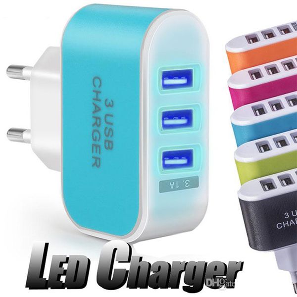 

us eu plug 3 usb wall chargers 5v 3.1a led adapter travel convenient power adaptor with triple usb ports for mobile phone