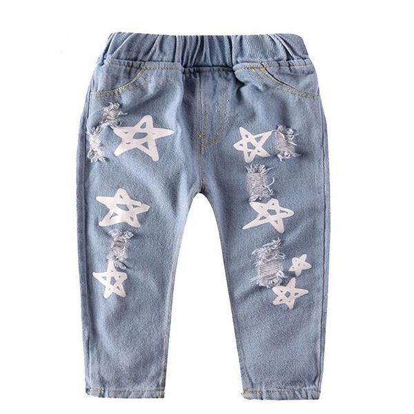 

pre-sales girls hole jeans 2018 new autumn girls clothes cowboy pants star pattern ripped trousers baby jeans for 1-8y, Blue