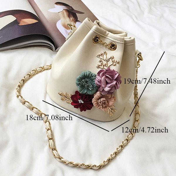 

2020 handmade flowers bucket bags mini shoulder bags with chain drawstring small cross body pearl leaves decals