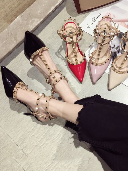 

2020 women high heels dress shoes party fashion rivets girls pointed toe shoes buckle platform pumps wedding shoes black white color