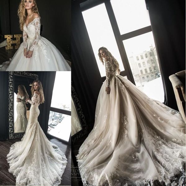 Novo lindo designer vestidos de casamento sereia com trem destacável Árabe Dubai fora do ombro mangas compridas casamento vestidos de noiva