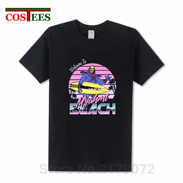 

vintage funny skeletor t shirts men myah'mi beach t-shirt fantasy 80's skull clothing miami ine retro shirt hombre camisetas, White;black