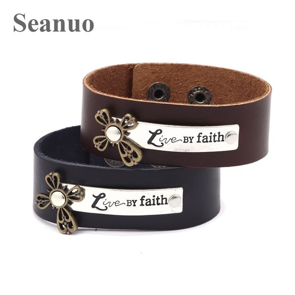 

seanuo 24*3cm real leather men women charm wristband cuff bracelets jewelry punk hiphop men's rivet sport biker wrap bracelet, Golden;silver