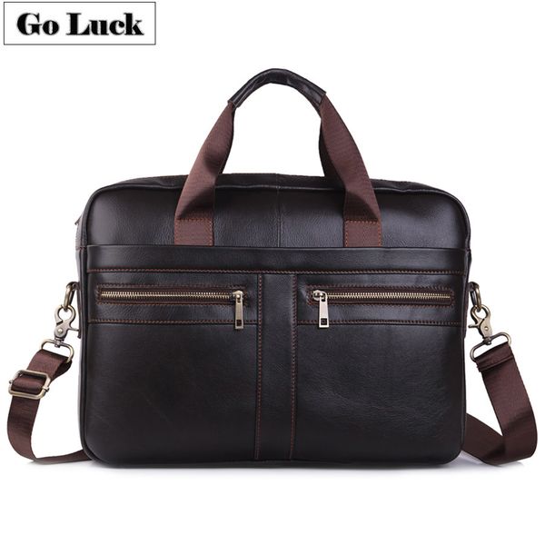 

go-luck genuine leather 15' handle handbag business briefcase men's crossbody shoulder bag men messenger bags lappack cj191212