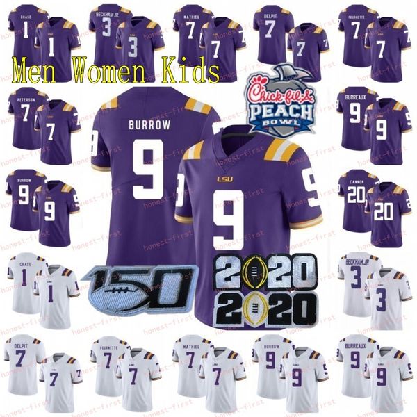 

lsu tigers #9 burreaux joe burrow 3 beckham jr. 7 mathie purple white 2020 champion peach patch 150th 125th stitched ncaa football jersey, Black