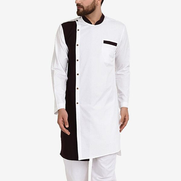 

incerun men long shirts long sleeve stand collar robes man casual patchwork clothes fitness cotton fashion 5xl, White;black