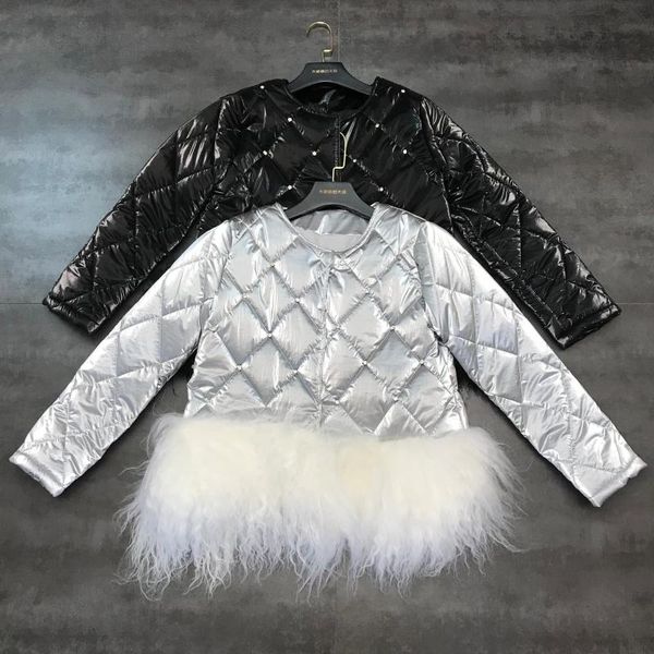 

2019 winter new diamond shape gauze pressure surface rhinestone beaded lamb hair hem cotton clothing coat, Black