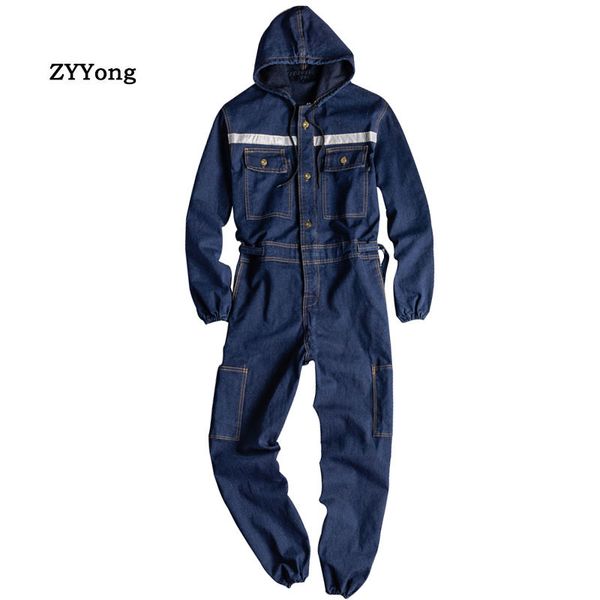

man jeans jumpsuits bib overalls long sleeve hooded multi-pocket beam feet denim cargo pants fashion leisure hip hop trousers, Blue