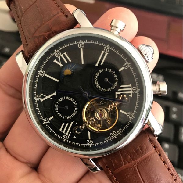 

wristwatches luxury watch brand phase military watches quality automatic leather moon tourbillon brown mechanical sport casual vukxn, Slivery;brown