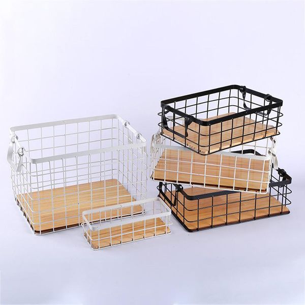 

rectangular kitchen storage iron basket wood bottom fruit storage bins