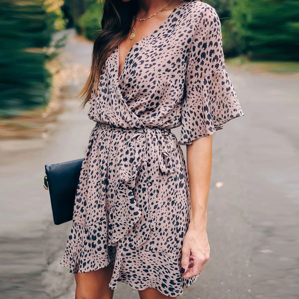 

summer retro leopard dress women women clothes 2020 elegant v-neck short-sleeve loose dress casual, White;black