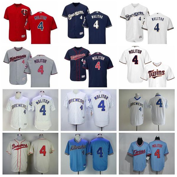 

men baseball vintage 4 paul molitor jersey retire pullover flexbase pinstripe stitched and embroidery cool base navy blue white beige, Blue;black
