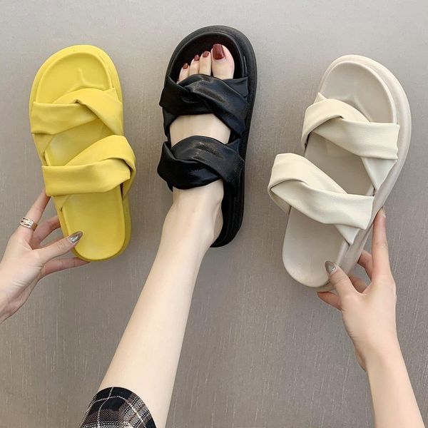 

shoes women ladies' slippers slides pantofle med soft flat 2020 summer pu rome rubber fashion shoes womens, Black