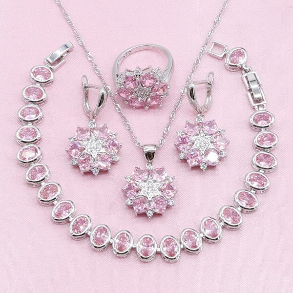 

pink cubic zirconia 925 silver bridal jewelry sets for women earrings bracelet pendant necklace ring birthday gift, Slivery;golden