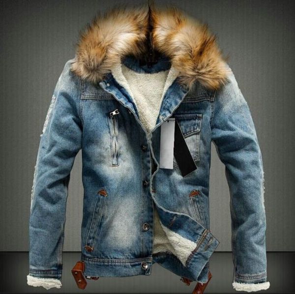 

mens washed winter jean jackets autumn thick fur designer coats long sleeved single breasted jacket, Black;brown