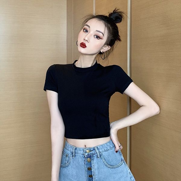 

black high-waisted short-sleeved t-shirt navel women's summer breeze jazz slim tight leak navel fashion, White