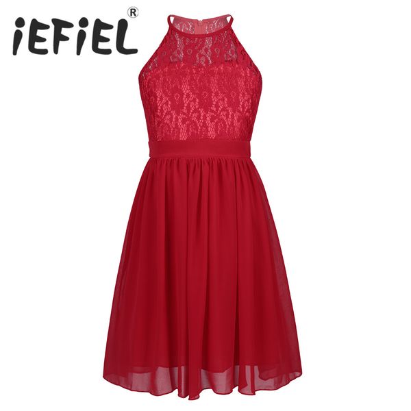 

iefiel children kids girls lace chiffon halter neck flower girls dress princess pageant wedding bridesmaid birthday party dress t200106, Red;yellow