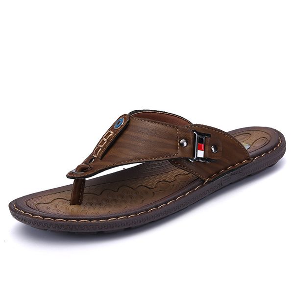 

slip-on beach shoes casual flip flops big size 38-46 brand fashion men summer leather slippers breathable comfortable, Black