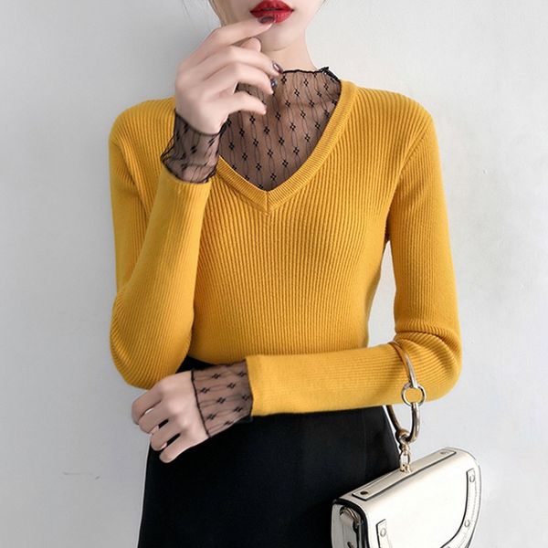 

women v neck sweaters long sleeve knit bottoming pullover casual mesh stitching sweaters, White;black