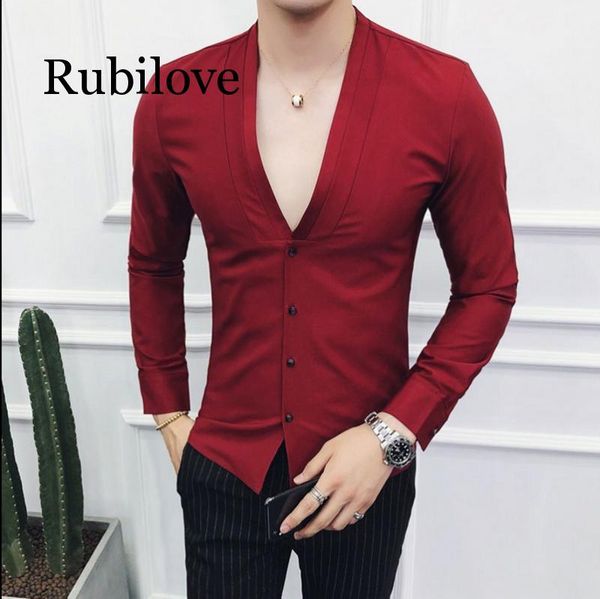 

платье rubilove v-образным вырезом стиль рубашки мужчина 2019 осень моды рубашки мужчин черный белый красный непрерывно с длинным рукавом по, White;black