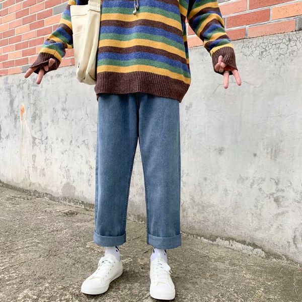 

spring and autumn 2020 fashion denim jeans men's loose straight hong kong style ankle length old pants trend men, Blue