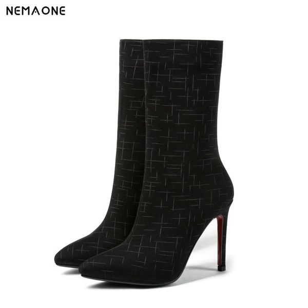 

nemaone new women high heels mid calf boots stretch fabric ladies boots spring autumn party dress shoes woman, Black