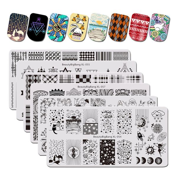 

beautybigbang 6pcs/set starry geometry theme nail stamping plates rectangle pattern stamping for nails templates nail art tools, White