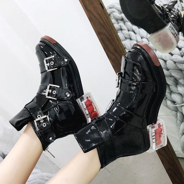 

sestito 2019 woman cool metal decoration solid black motorcycle boots with buckles ladies round toe square low heels ankle boots