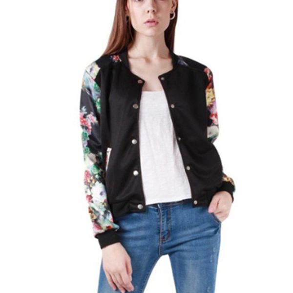 

spring women's korean jacket flower printed short coat casual baseball sweatshirt button thin bomber long sleeves women jackets, Black;brown