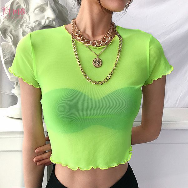 

сетка tops женщина sexy сплошной цвет прозрачный женщины t shirt short fluorescent женский топ o шеи летняя мода femme p6, White