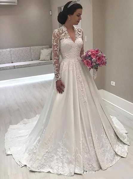 

vintage 2020 lace wedding dresses long sleeves v neck floor length backless applique wedding dresses bridal gowns robe de mariée, White