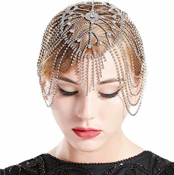 

women bridal headpiece crystal rhinestone flapper cap hair piece gatsby accessories girls party head band piece jewelry, White;golden