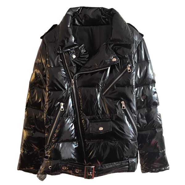 

warm patent leather glossy parka women black zipper jacket women windbreaker coat 2019 winter glossy down parka for wome, Tan;black
