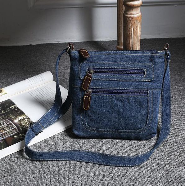 

front double zippers shoulder bag cotton denim cross body bag lady jeans messenger woman small