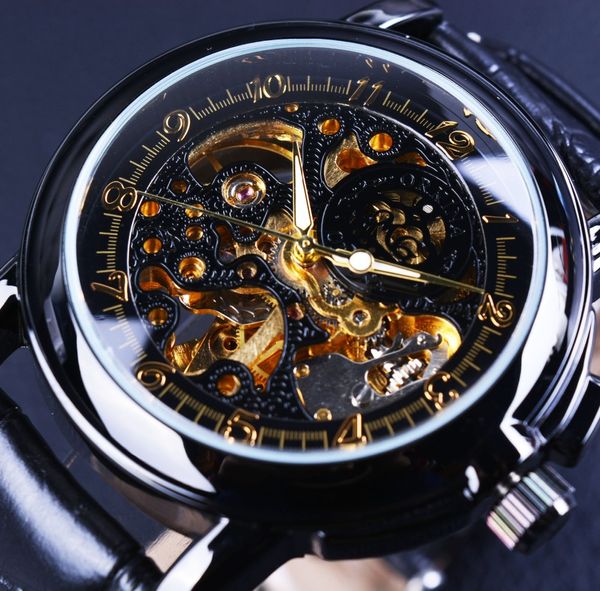 

orkina luxury clock men leather skeleton watch classic retro black golden dial relogio male masculino mechanical automatic watch, Slivery;brown