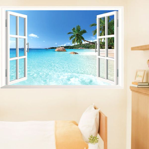 

съемный пляж море 3d вид из окна пейзаж стикер стены декор наклейка пляж поддельные окна наклейки на стену