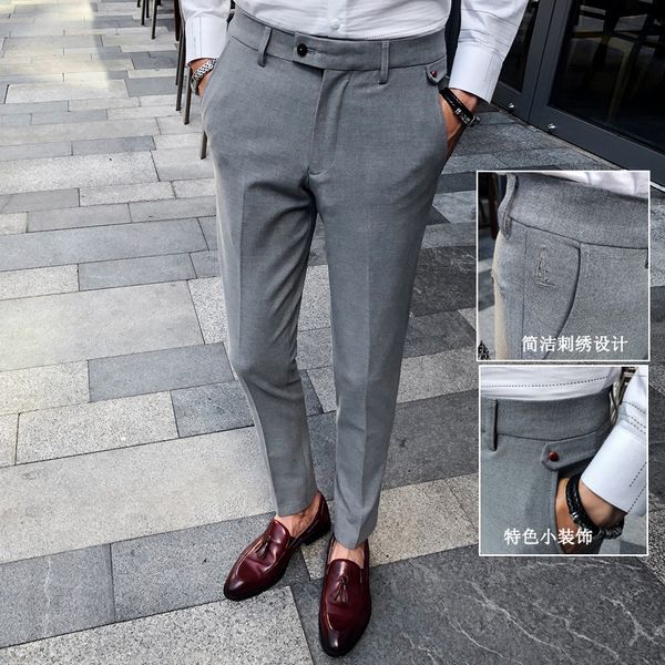 

spring and autumn retro fashion business casual trousers men's solid color micro-elastic small trousers khaki and black gray