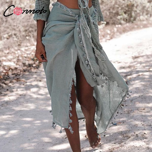 

conmoto cotton summer women skirts solid tassel wrap skirt high waist midi casual beach skirt, Black