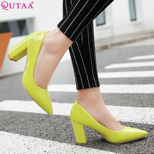 

qutaa 2020 women pumps square high heel fashion women shoes platform slip on all match elegnat casual wedding shoes size 34-43, Black